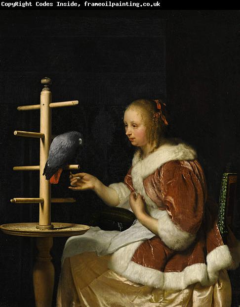Frans van Mieris A Young Woman in a Red Jacket Feeding a Parrot